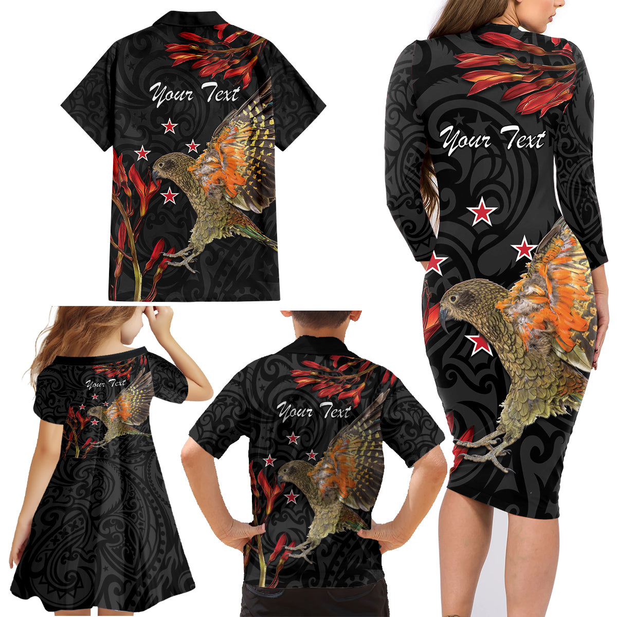 Personalised New Zealand Kea Family Matching Long Sleeve Bodycon Dress and Hawaiian Shirt Nestor Notabilis With Harakeke Maori Pattern LT14 - Polynesian Pride