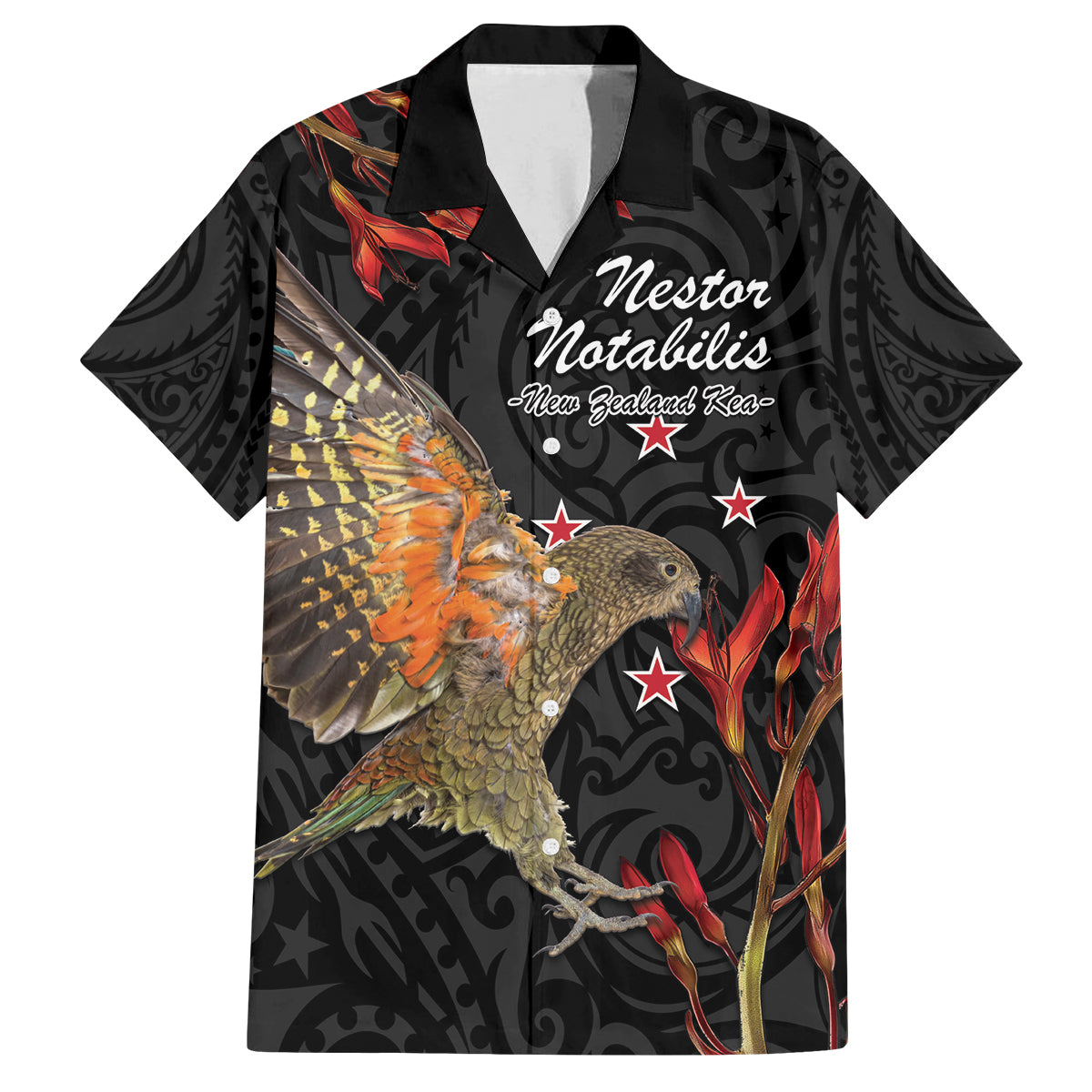 Personalised New Zealand Kea Family Matching Long Sleeve Bodycon Dress and Hawaiian Shirt Nestor Notabilis With Harakeke Maori Pattern LT14 Dad's Shirt - Short Sleeve Black - Polynesian Pride
