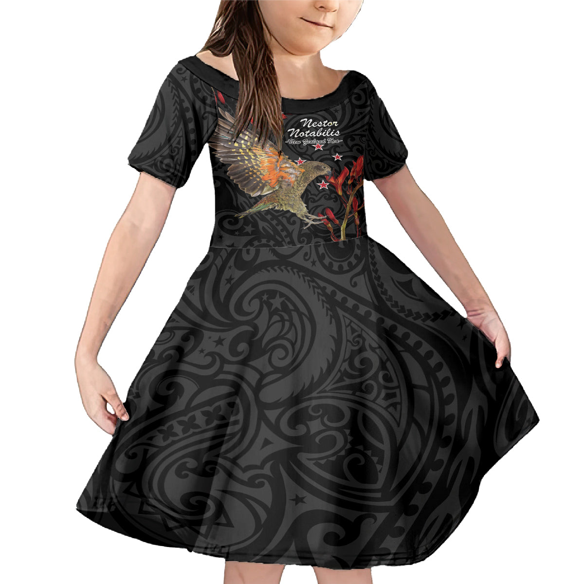 Personalised New Zealand Kea Family Matching Mermaid Dress and Hawaiian Shirt Nestor Notabilis With Harakeke Maori Pattern LT14 Daughter's Dress Black - Polynesian Pride