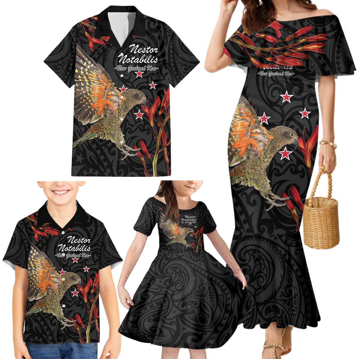 Personalised New Zealand Kea Family Matching Mermaid Dress and Hawaiian Shirt Nestor Notabilis With Harakeke Maori Pattern LT14 - Polynesian Pride