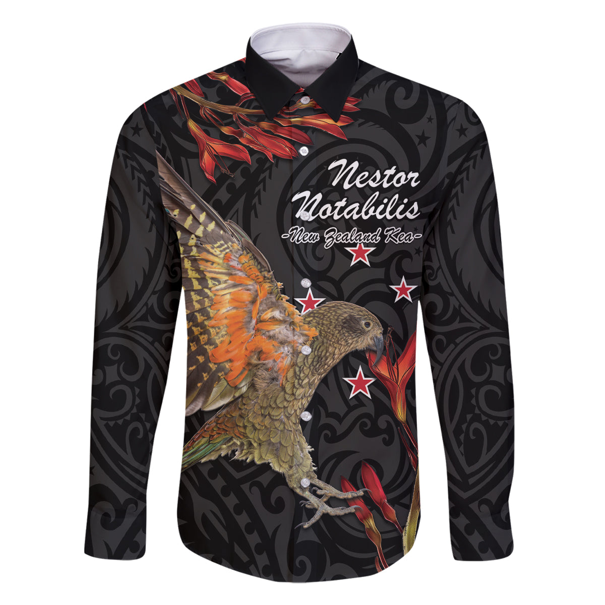 Personalised New Zealand Kea Family Matching Off Shoulder Maxi Dress and Hawaiian Shirt Nestor Notabilis With Harakeke Maori Pattern LT14 Dad's Shirt - Long Sleeve Black - Polynesian Pride
