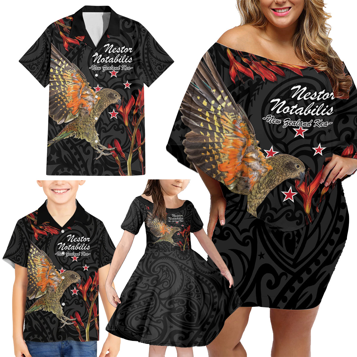 Personalised New Zealand Kea Family Matching Off Shoulder Short Dress and Hawaiian Shirt Nestor Notabilis With Harakeke Maori Pattern LT14 - Polynesian Pride