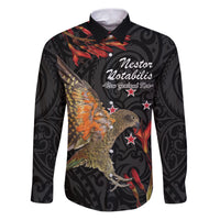 Personalised New Zealand Kea Family Matching Puletasi and Hawaiian Shirt Nestor Notabilis With Harakeke Maori Pattern LT14 Dad's Shirt - Long Sleeve Black - Polynesian Pride