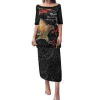 Personalised New Zealand Kea Family Matching Puletasi and Hawaiian Shirt Nestor Notabilis With Harakeke Maori Pattern LT14 Mom's Dress Black - Polynesian Pride