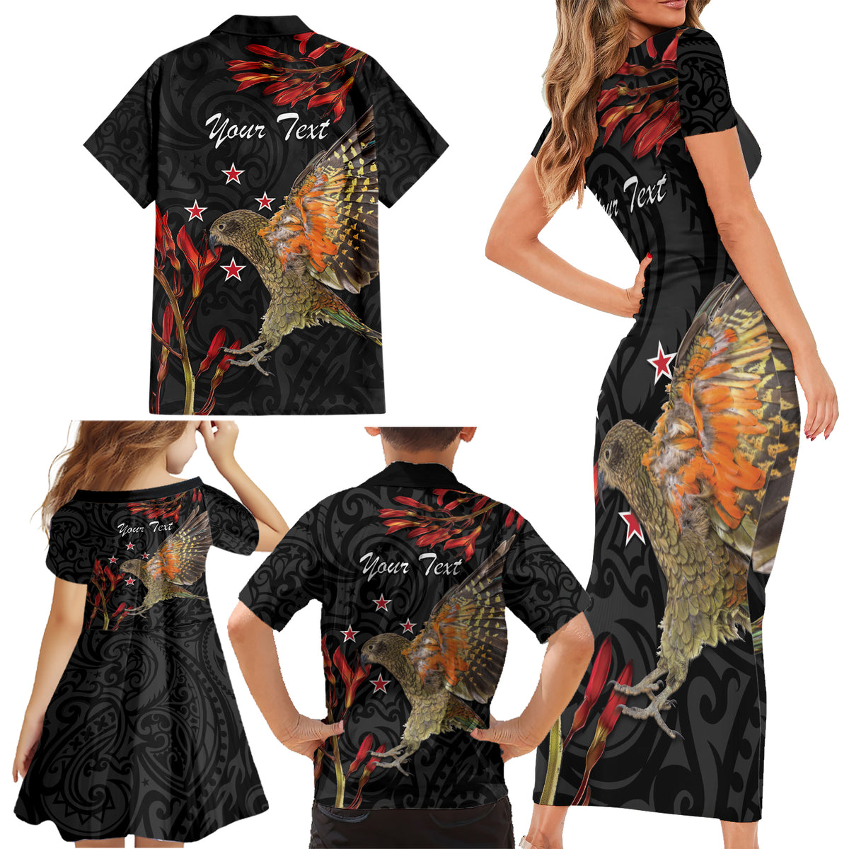 Personalised New Zealand Kea Family Matching Short Sleeve Bodycon Dress and Hawaiian Shirt Nestor Notabilis With Harakeke Maori Pattern LT14 - Polynesian Pride