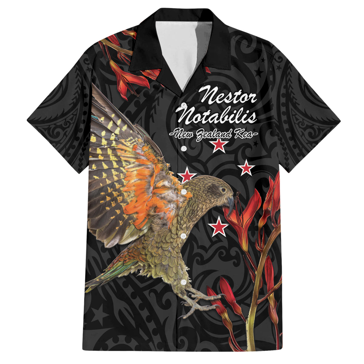 Personalised New Zealand Kea Family Matching Short Sleeve Bodycon Dress and Hawaiian Shirt Nestor Notabilis With Harakeke Maori Pattern LT14 Dad's Shirt - Short Sleeve Black - Polynesian Pride