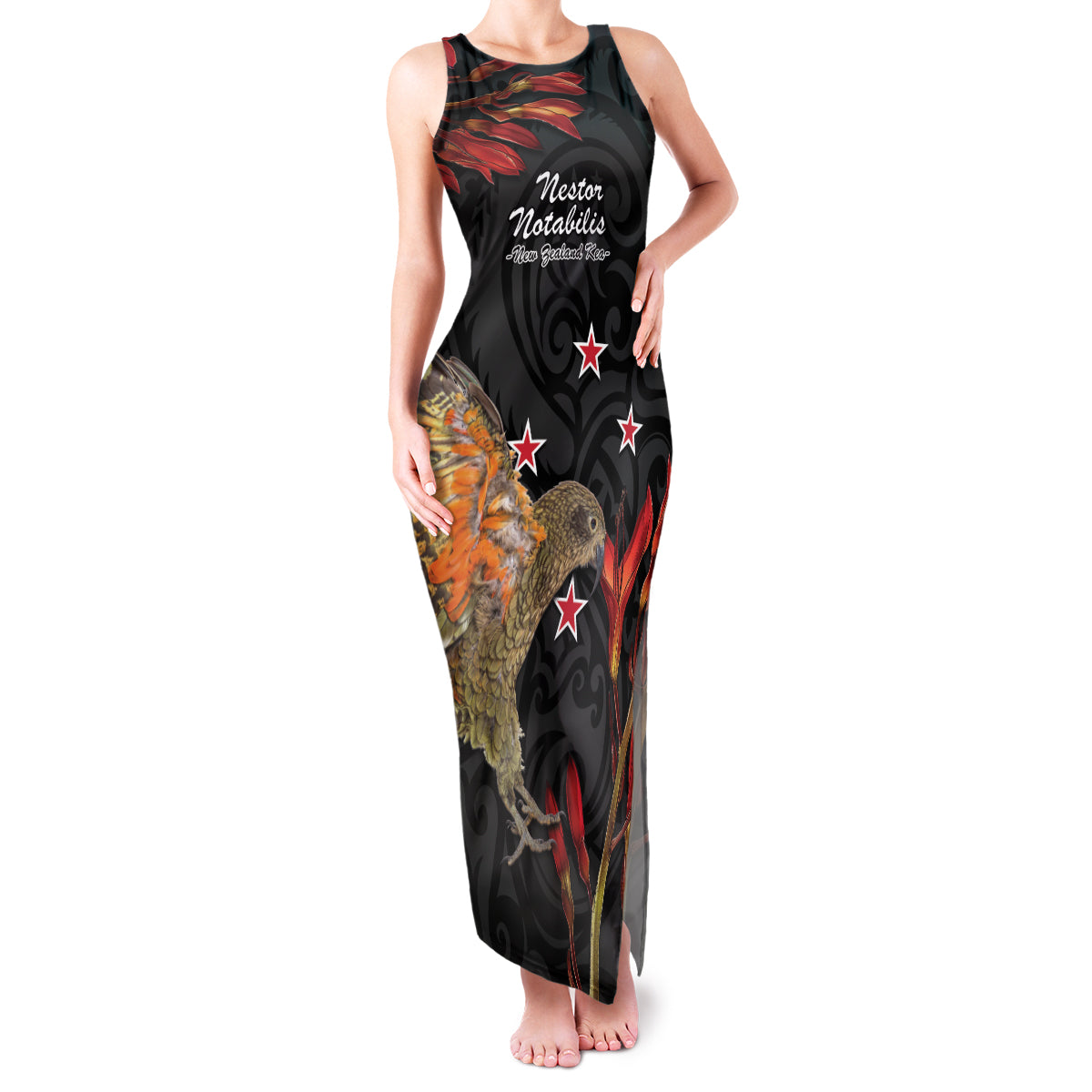 Personalised New Zealand Kea Family Matching Tank Maxi Dress and Hawaiian Shirt Nestor Notabilis With Harakeke Maori Pattern LT14 Mom's Dress Black - Polynesian Pride