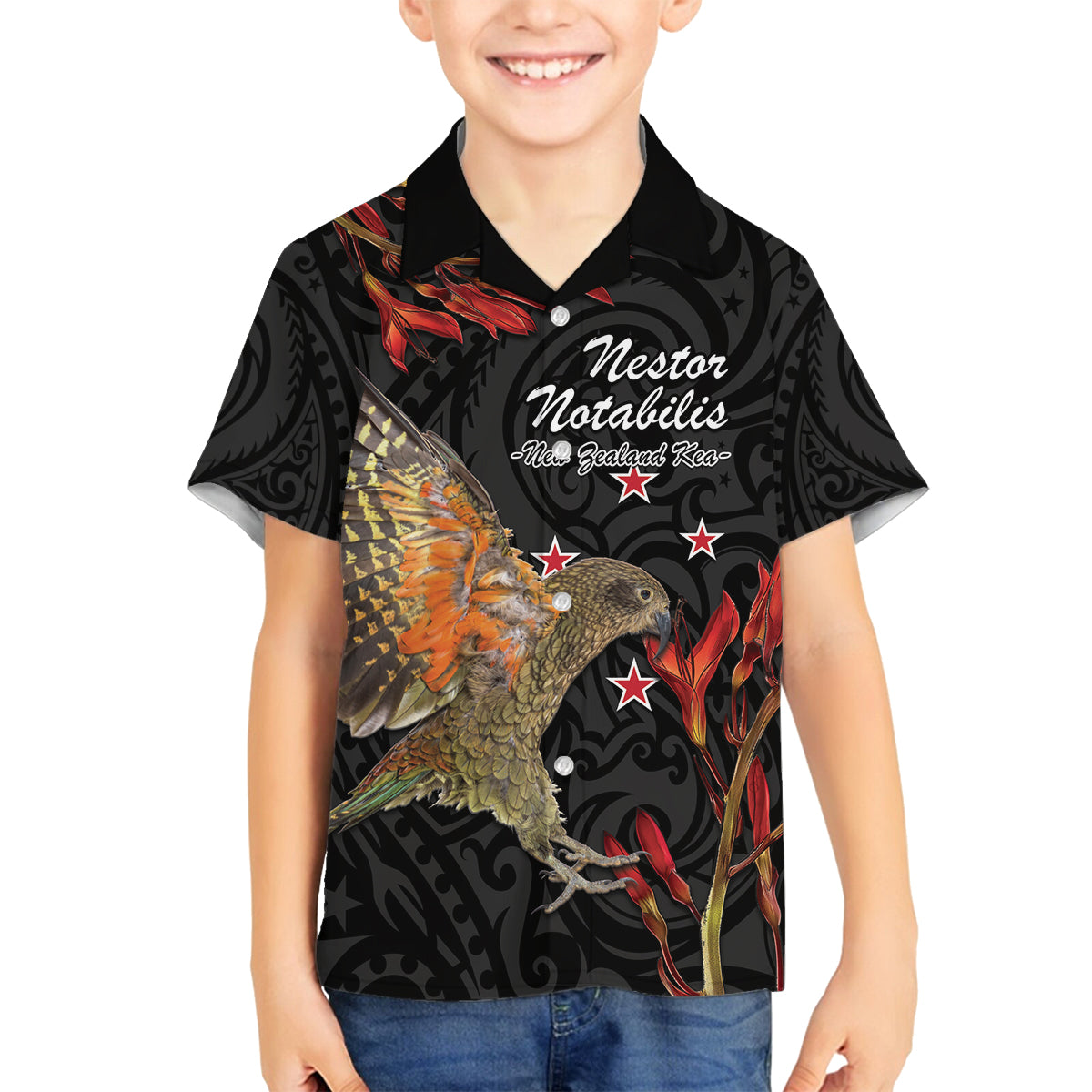 Personalised New Zealand Kea Family Matching Tank Maxi Dress and Hawaiian Shirt Nestor Notabilis With Harakeke Maori Pattern LT14 Son's Shirt Black - Polynesian Pride