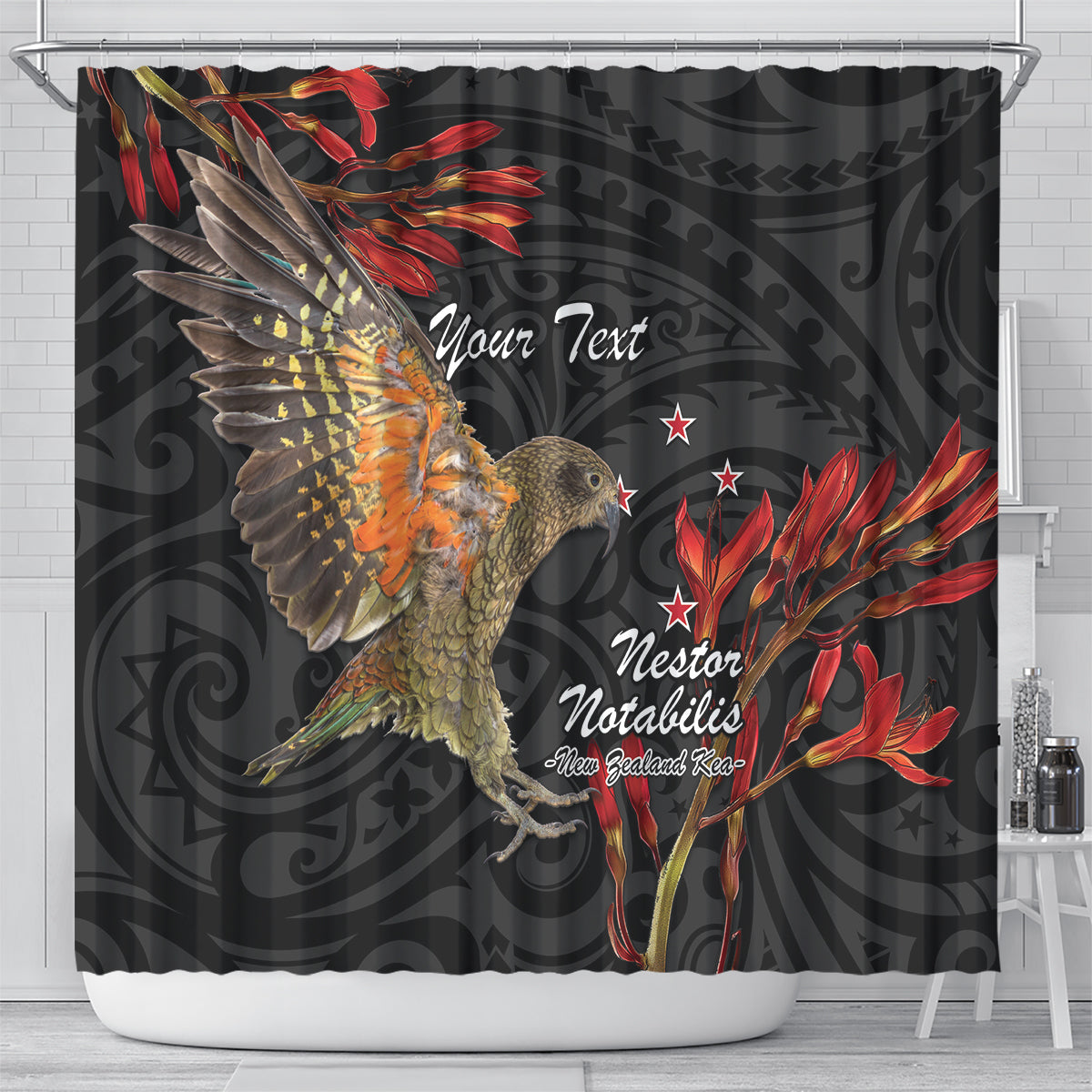 Personalised New Zealand Kea Shower Curtain Nestor Notabilis With Harakeke Maori Pattern LT14 - Polynesian Pride