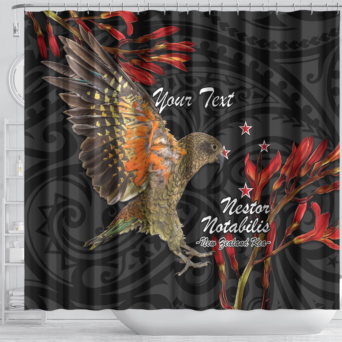 Personalised New Zealand Kea Shower Curtain Nestor Notabilis With Harakeke Maori Pattern LT14 - Polynesian Pride