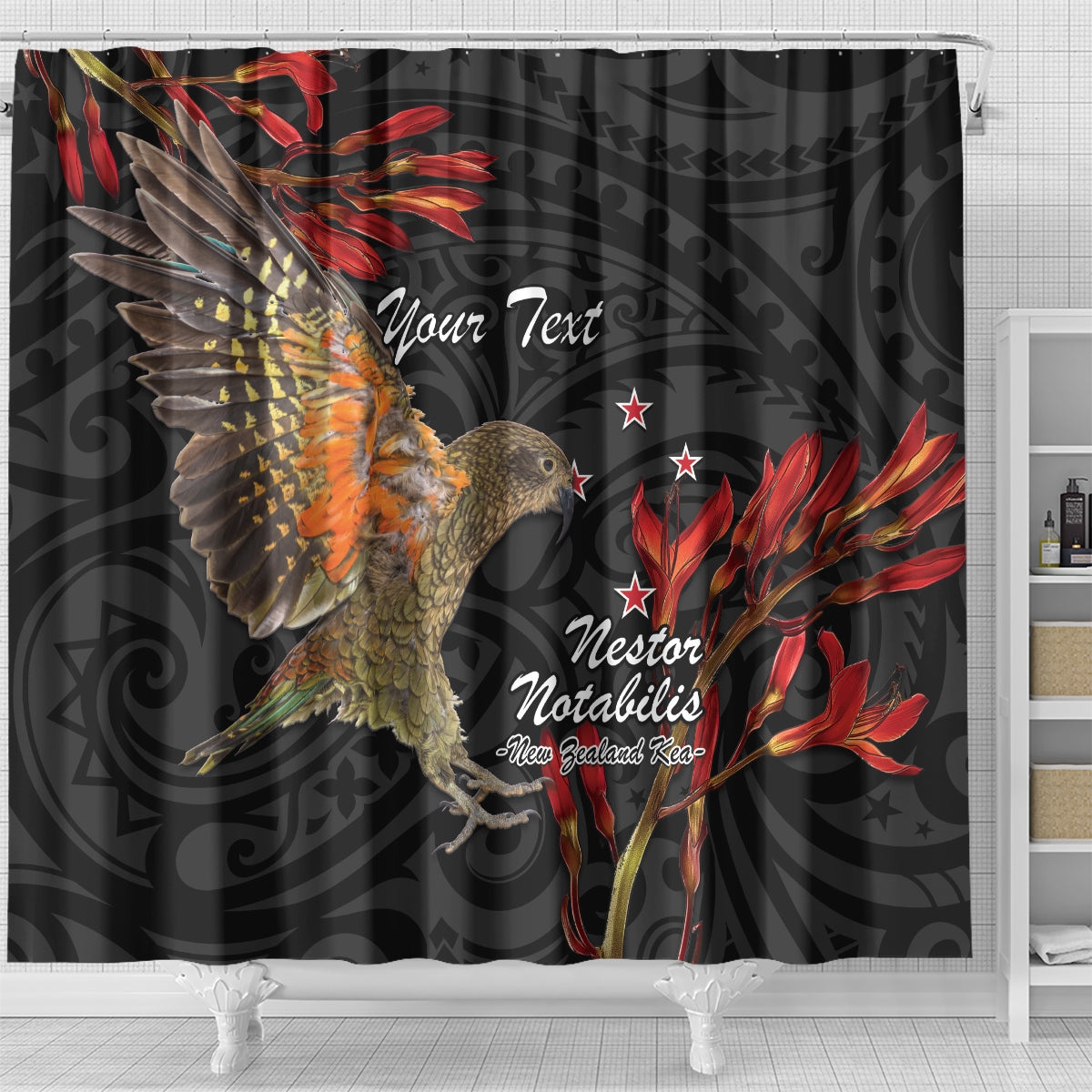Personalised New Zealand Kea Shower Curtain Nestor Notabilis With Harakeke Maori Pattern LT14 - Polynesian Pride
