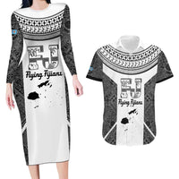 Custom Fiji Tapa Rugby Couples Matching Long Sleeve Bodycon Dress and Hawaiian Shirt Flying Fijian Black And White Version LT14 Black - Polynesian Pride