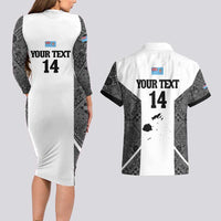 Custom Fiji Tapa Rugby Couples Matching Long Sleeve Bodycon Dress and Hawaiian Shirt Flying Fijian Black And White Version LT14 - Polynesian Pride