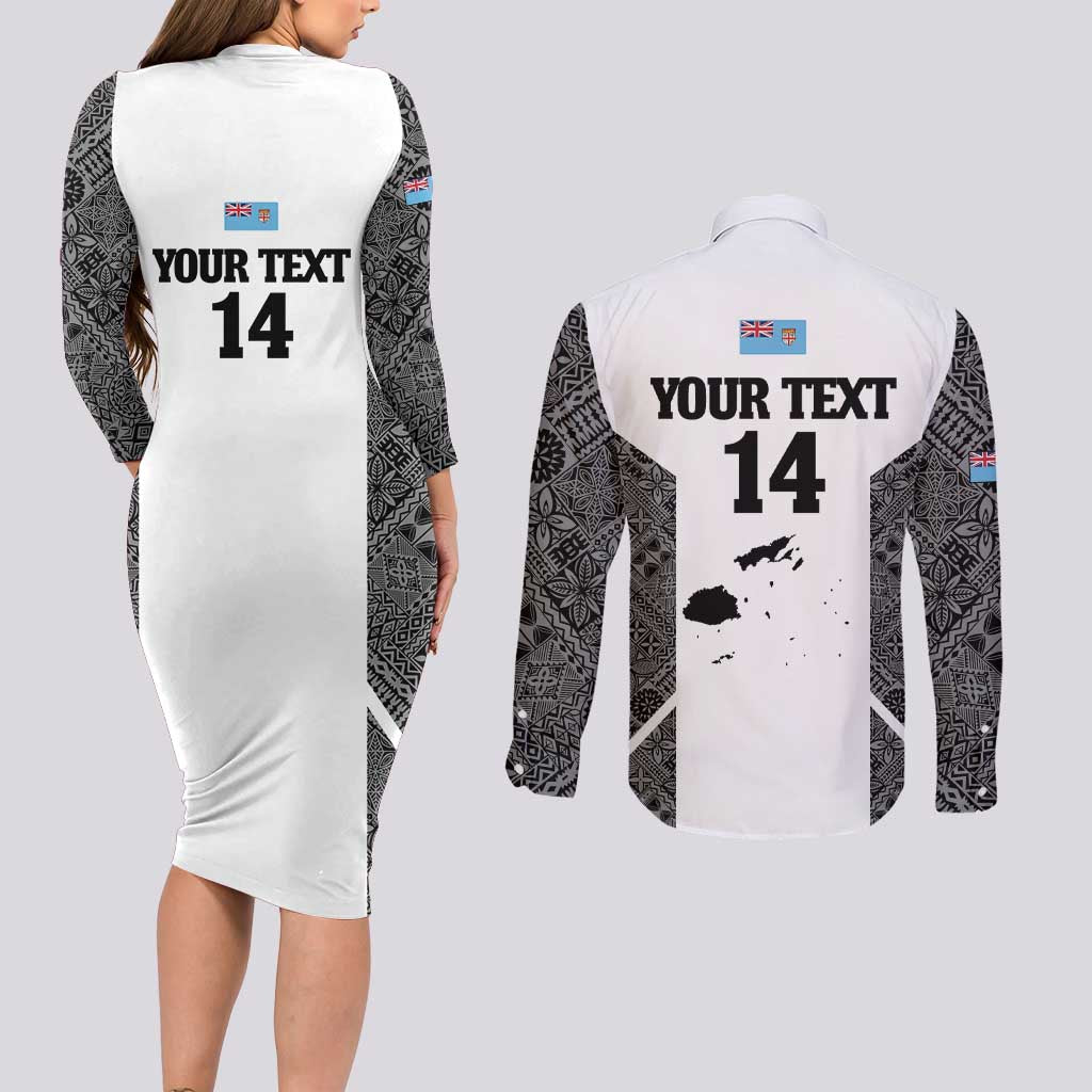 Custom Fiji Tapa Rugby Couples Matching Long Sleeve Bodycon Dress and Long Sleeve Button Shirt Flying Fijian Black And White Version LT14 - Polynesian Pride