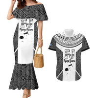 Custom Fiji Tapa Rugby Couples Matching Mermaid Dress and Hawaiian Shirt Flying Fijian Black And White Version LT14 Black - Polynesian Pride