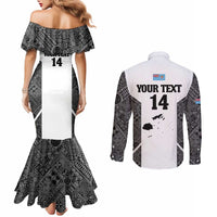 Custom Fiji Tapa Rugby Couples Matching Mermaid Dress and Long Sleeve Button Shirt Flying Fijian Black And White Version LT14 - Polynesian Pride