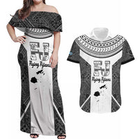 Custom Fiji Tapa Rugby Couples Matching Off Shoulder Maxi Dress and Hawaiian Shirt Flying Fijian Black And White Version LT14 Black - Polynesian Pride