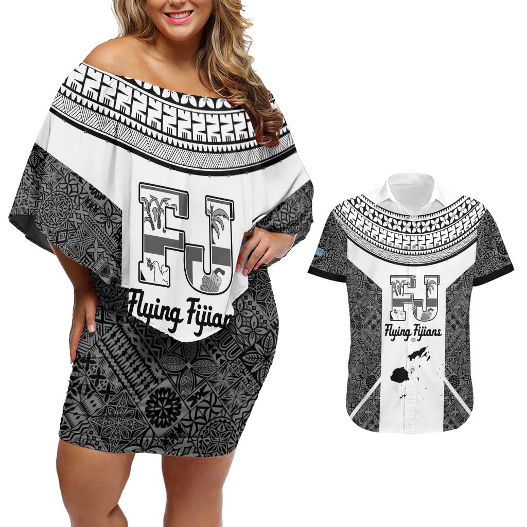 Custom Fiji Tapa Rugby Couples Matching Off Shoulder Short Dress and Hawaiian Shirt Flying Fijian Black And White Version LT14 Black - Polynesian Pride