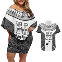 Custom Fiji Tapa Rugby Couples Matching Off Shoulder Short Dress and Hawaiian Shirt Flying Fijian Black And White Version LT14 Black - Polynesian Pride