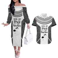 Custom Fiji Tapa Rugby Couples Matching Off The Shoulder Long Sleeve Dress and Hawaiian Shirt Flying Fijian Black And White Version LT14 Black - Polynesian Pride