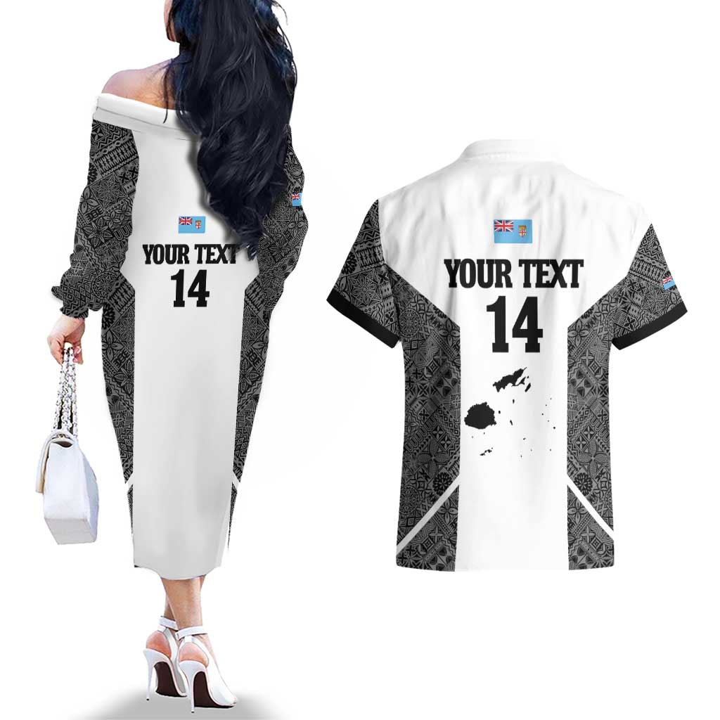 Custom Fiji Tapa Rugby Couples Matching Off The Shoulder Long Sleeve Dress and Hawaiian Shirt Flying Fijian Black And White Version LT14 - Polynesian Pride