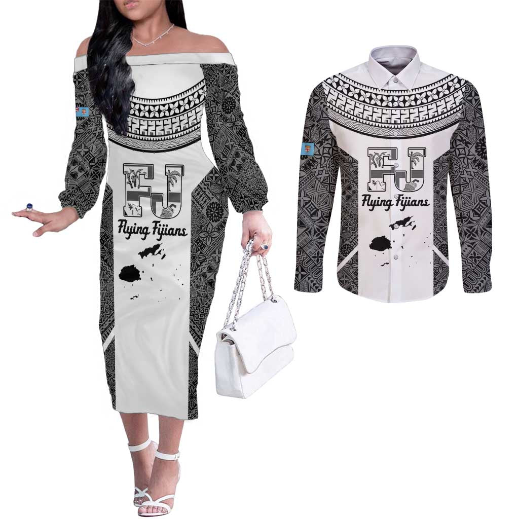 Custom Fiji Tapa Rugby Couples Matching Off The Shoulder Long Sleeve Dress and Long Sleeve Button Shirt Flying Fijian Black And White Version LT14 Black - Polynesian Pride