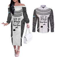 Custom Fiji Tapa Rugby Couples Matching Off The Shoulder Long Sleeve Dress and Long Sleeve Button Shirt Flying Fijian Black And White Version LT14 Black - Polynesian Pride