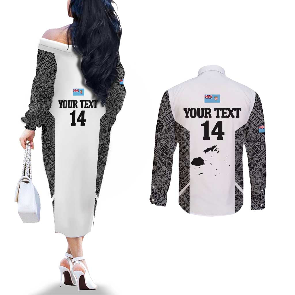 Custom Fiji Tapa Rugby Couples Matching Off The Shoulder Long Sleeve Dress and Long Sleeve Button Shirt Flying Fijian Black And White Version LT14 - Polynesian Pride