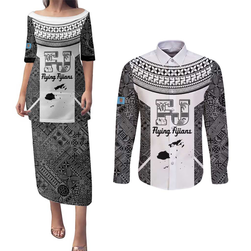 Custom Fiji Tapa Rugby Couples Matching Puletasi and Long Sleeve Button Shirt Flying Fijian Black And White Version