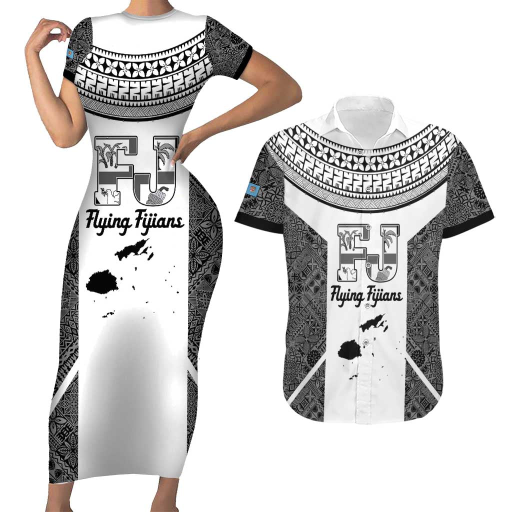 Custom Fiji Tapa Rugby Couples Matching Short Sleeve Bodycon Dress and Hawaiian Shirt Flying Fijian Black And White Version LT14 Black - Polynesian Pride