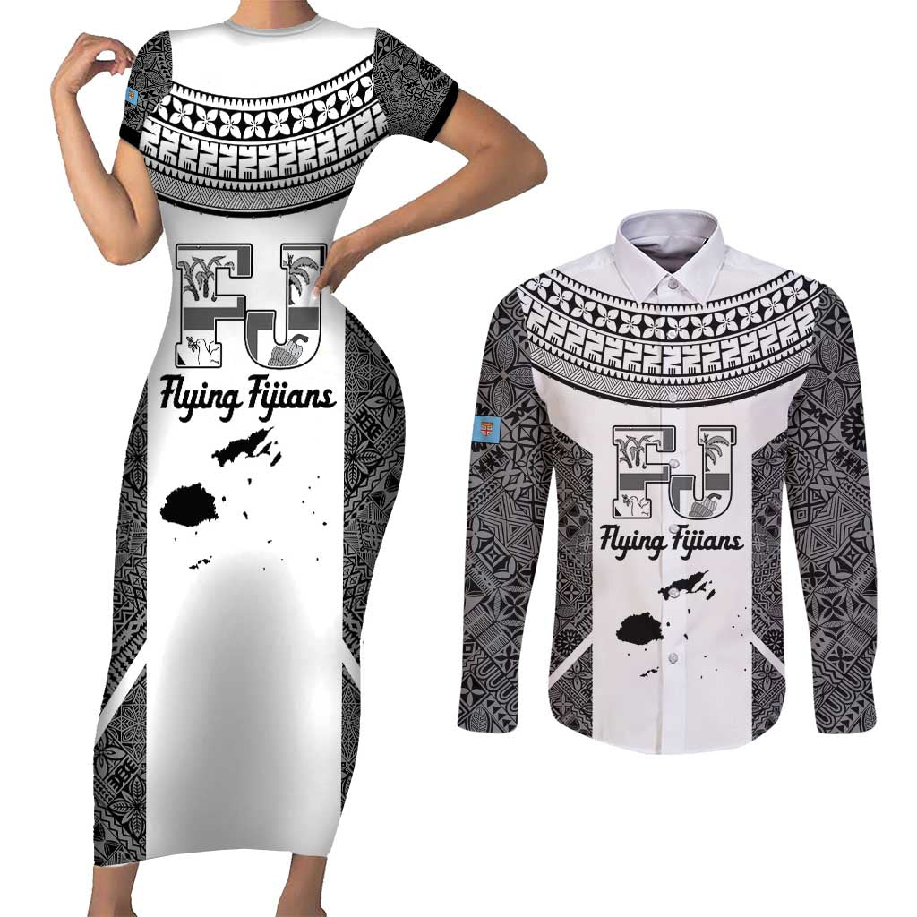 Custom Fiji Tapa Rugby Couples Matching Short Sleeve Bodycon Dress and Long Sleeve Button Shirt Flying Fijian Black And White Version LT14 Black - Polynesian Pride