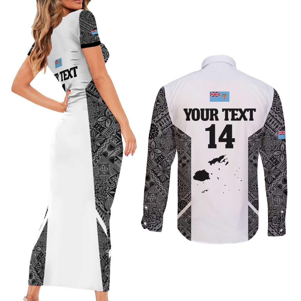 Custom Fiji Tapa Rugby Couples Matching Short Sleeve Bodycon Dress and Long Sleeve Button Shirt Flying Fijian Black And White Version LT14 - Polynesian Pride