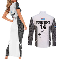 Custom Fiji Tapa Rugby Couples Matching Short Sleeve Bodycon Dress and Long Sleeve Button Shirt Flying Fijian Black And White Version LT14 - Polynesian Pride