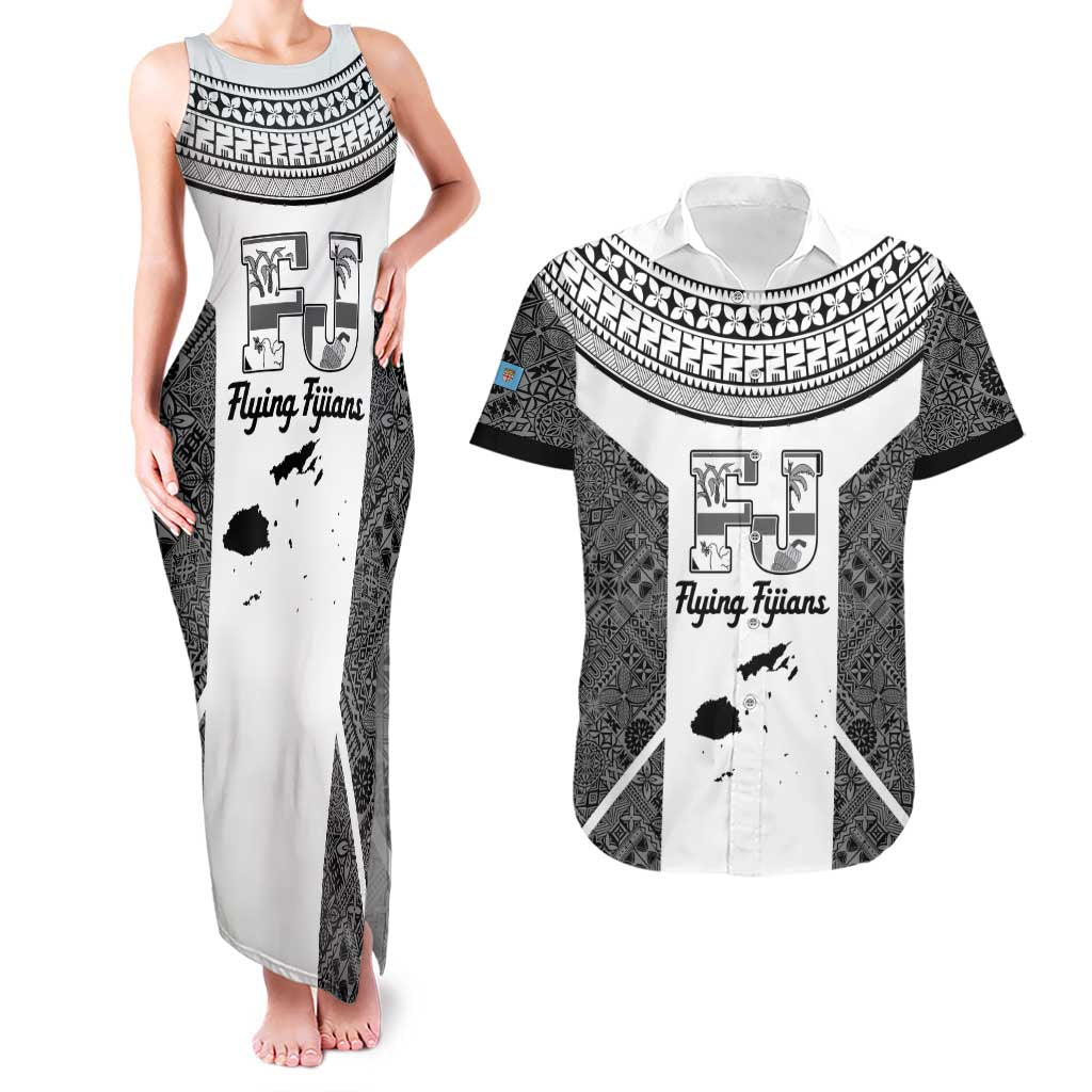 Custom Fiji Tapa Rugby Couples Matching Tank Maxi Dress and Hawaiian Shirt Flying Fijian Black And White Version LT14 Black - Polynesian Pride