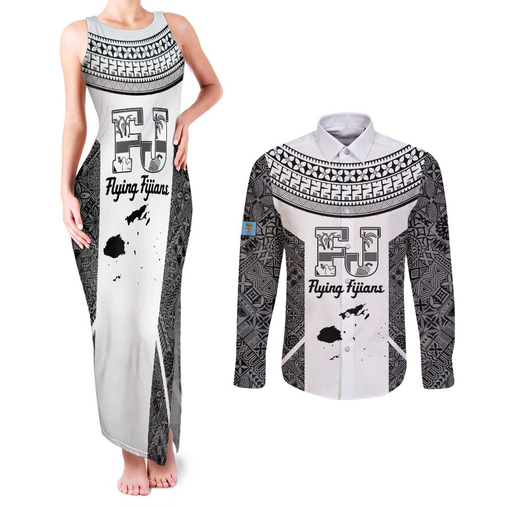 Custom Fiji Tapa Rugby Couples Matching Tank Maxi Dress and Long Sleeve Button Shirt Flying Fijian Black And White Version LT14 Black - Polynesian Pride