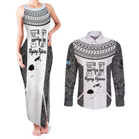 Custom Fiji Tapa Rugby Couples Matching Tank Maxi Dress and Long Sleeve Button Shirt Flying Fijian Black And White Version LT14 Black - Polynesian Pride