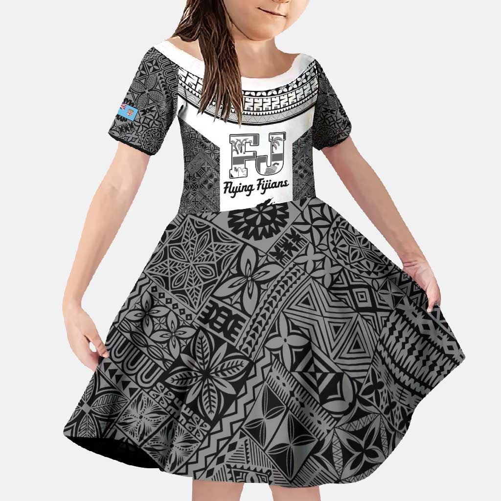 Custom Fiji Tapa Rugby Family Matching Long Sleeve Bodycon Dress and Hawaiian Shirt Flying Fijian Black And White Version LT14 Daughter's Dress Black - Polynesian Pride