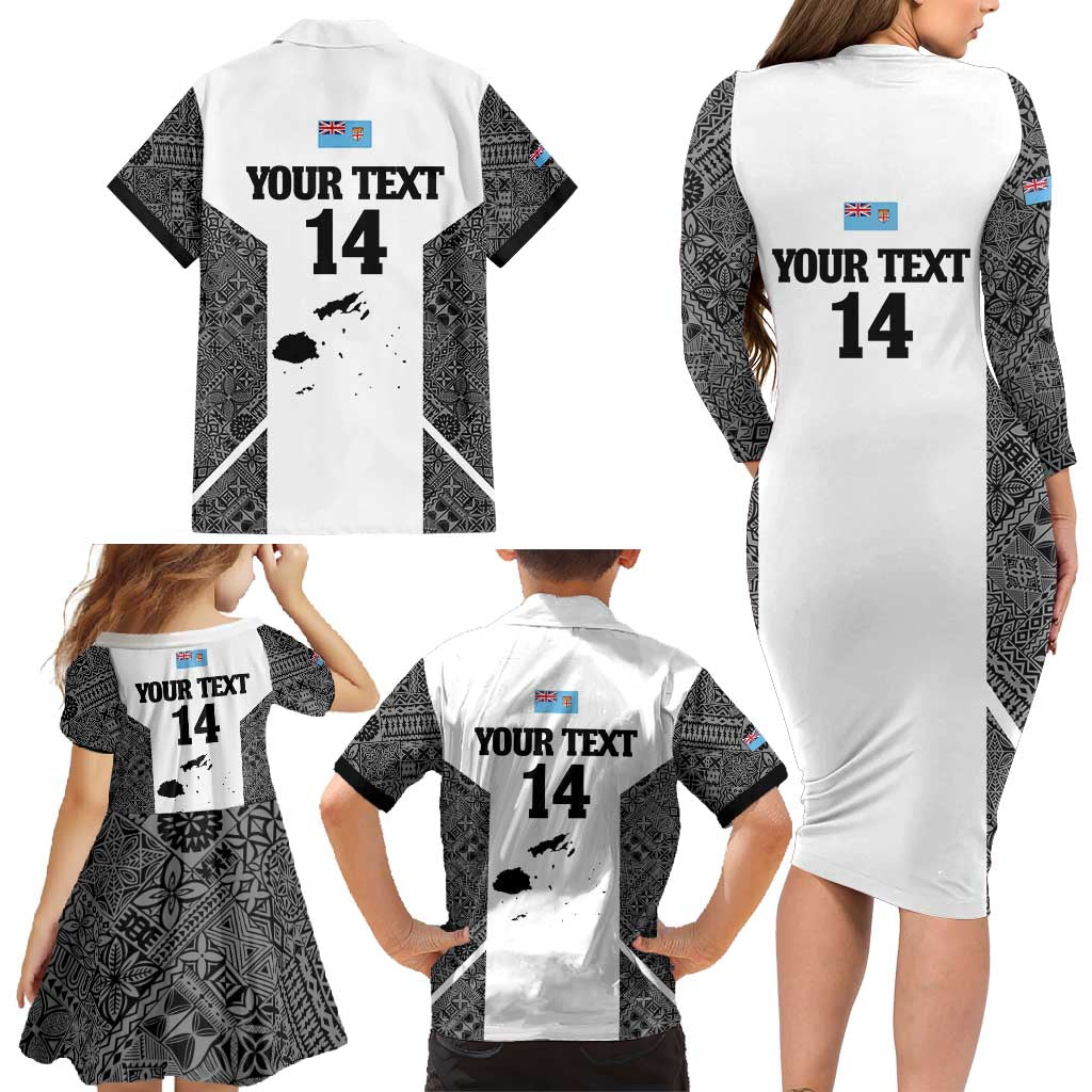 Custom Fiji Tapa Rugby Family Matching Long Sleeve Bodycon Dress and Hawaiian Shirt Flying Fijian Black And White Version LT14 - Polynesian Pride