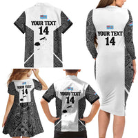 Custom Fiji Tapa Rugby Family Matching Long Sleeve Bodycon Dress and Hawaiian Shirt Flying Fijian Black And White Version LT14 - Polynesian Pride
