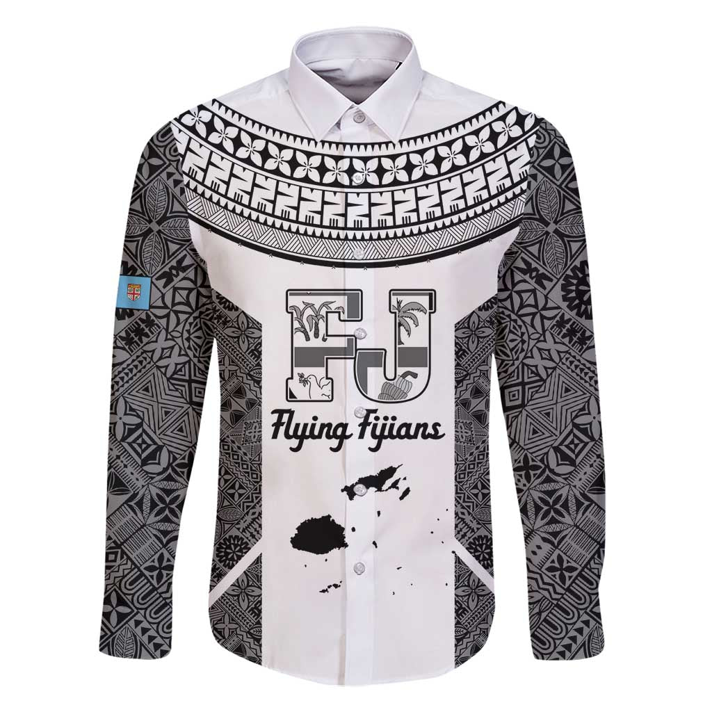 Custom Fiji Tapa Rugby Family Matching Long Sleeve Bodycon Dress and Hawaiian Shirt Flying Fijian Black And White Version LT14 Dad's Shirt - Long Sleeve Black - Polynesian Pride