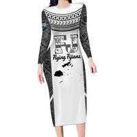 Custom Fiji Tapa Rugby Family Matching Long Sleeve Bodycon Dress and Hawaiian Shirt Flying Fijian Black And White Version LT14 Mom's Dress Black - Polynesian Pride