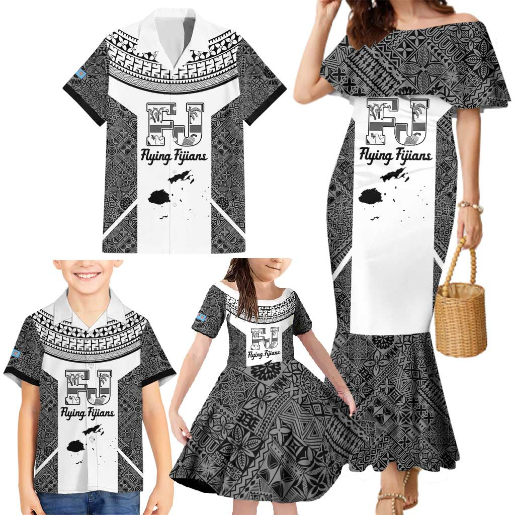 Custom Fiji Tapa Rugby Family Matching Mermaid Dress and Hawaiian Shirt Flying Fijian Black And White Version