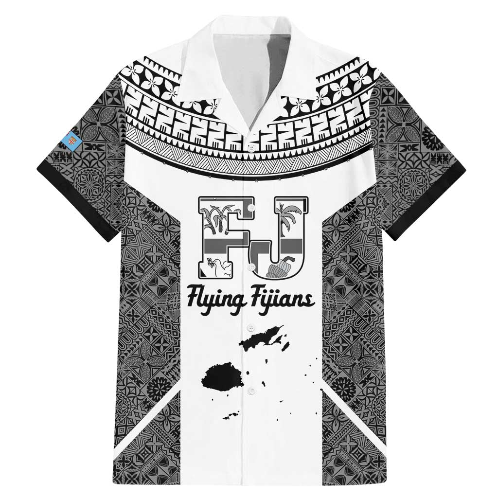 Custom Fiji Tapa Rugby Family Matching Mermaid Dress and Hawaiian Shirt Flying Fijian Black And White Version LT14 Dad's Shirt - Short Sleeve Black - Polynesian Pride