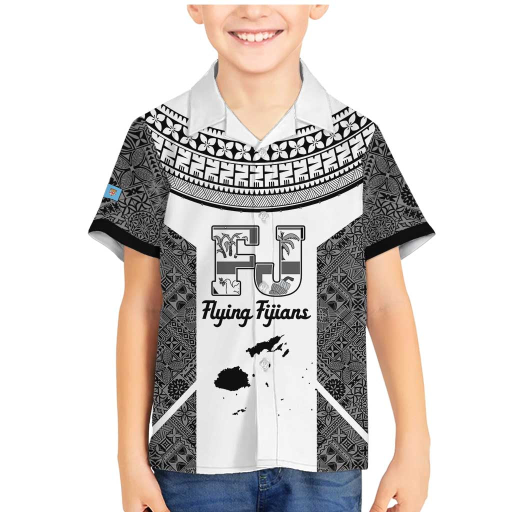 Custom Fiji Tapa Rugby Family Matching Mermaid Dress and Hawaiian Shirt Flying Fijian Black And White Version LT14 Son's Shirt Black - Polynesian Pride