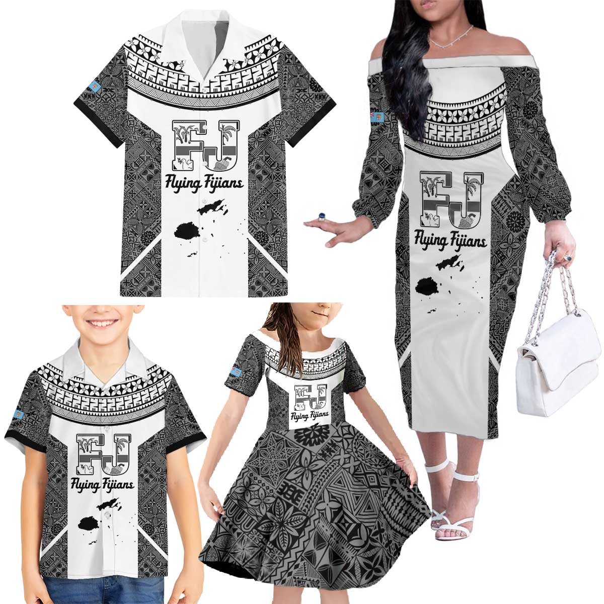 Custom Fiji Tapa Rugby Family Matching Off The Shoulder Long Sleeve Dress and Hawaiian Shirt Flying Fijian Black And White Version LT14 - Polynesian Pride