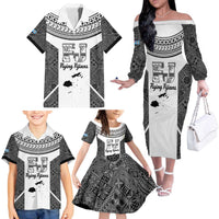 Custom Fiji Tapa Rugby Family Matching Off The Shoulder Long Sleeve Dress and Hawaiian Shirt Flying Fijian Black And White Version LT14 - Polynesian Pride