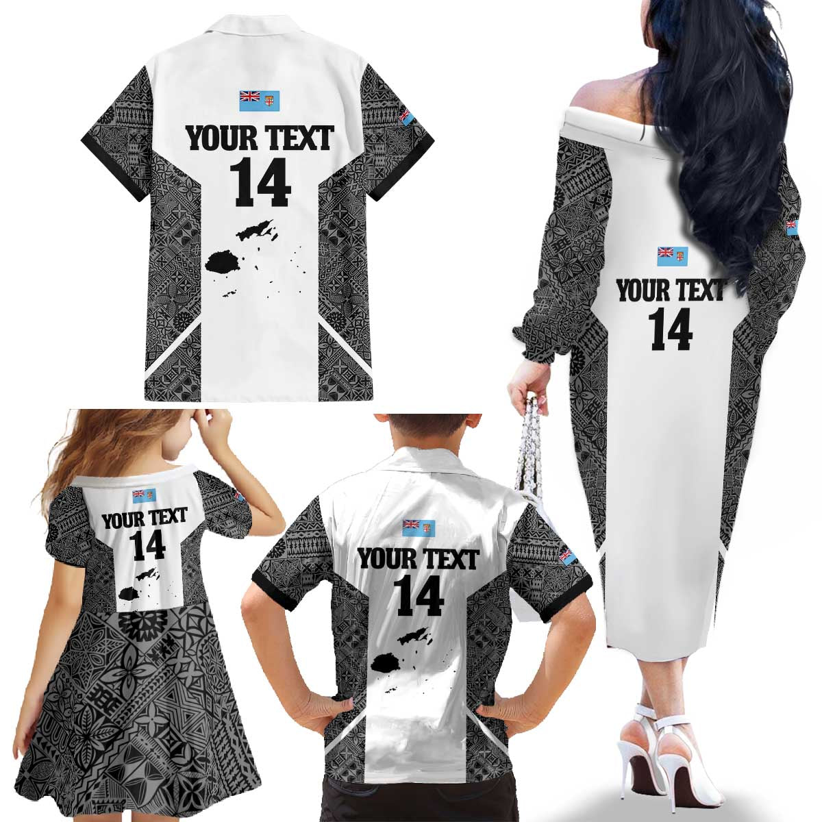 Custom Fiji Tapa Rugby Family Matching Off The Shoulder Long Sleeve Dress and Hawaiian Shirt Flying Fijian Black And White Version LT14 - Polynesian Pride