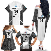Custom Fiji Tapa Rugby Family Matching Off The Shoulder Long Sleeve Dress and Hawaiian Shirt Flying Fijian Black And White Version LT14 - Polynesian Pride