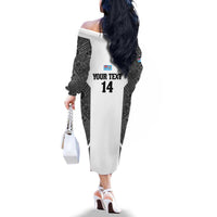 Custom Fiji Tapa Rugby Family Matching Off The Shoulder Long Sleeve Dress and Hawaiian Shirt Flying Fijian Black And White Version LT14 - Polynesian Pride