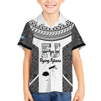 Custom Fiji Tapa Rugby Family Matching Off The Shoulder Long Sleeve Dress and Hawaiian Shirt Flying Fijian Black And White Version LT14 Son's Shirt Black - Polynesian Pride